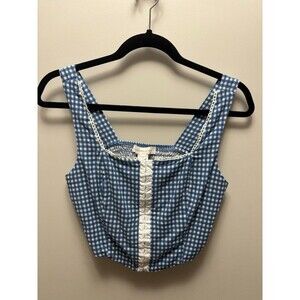 MOnteau Los Angeles Blue White Gingham Cropped Tank Top Ruffle Button M
